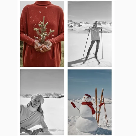 A collage of winter scenes: a person holding a small tree, a skier, a woman in a beret, and a snowman on a sunny day.