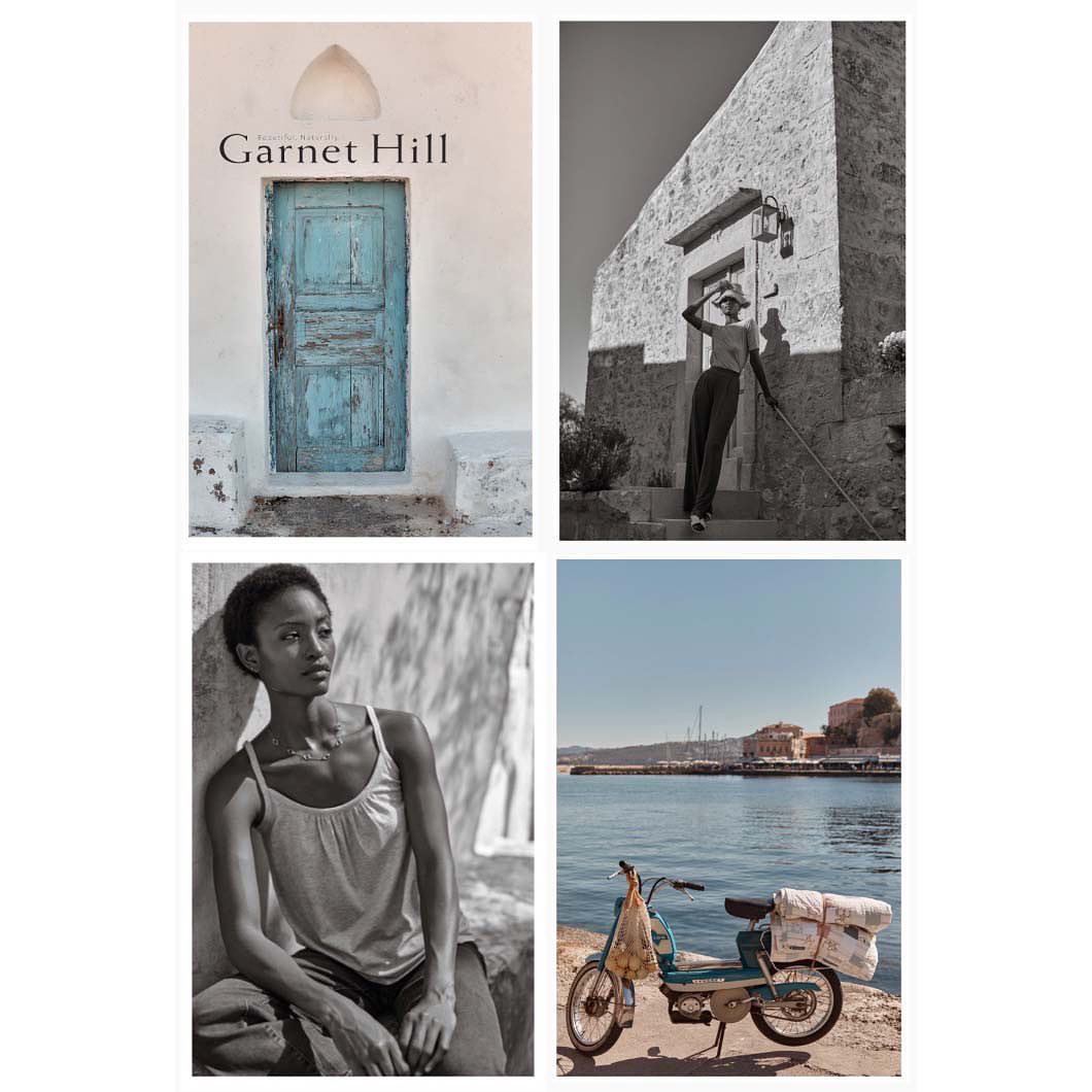 Four images in collage: blue door in white wall, woman in straw hat, woman seated in gray tank top, moped by harbor.