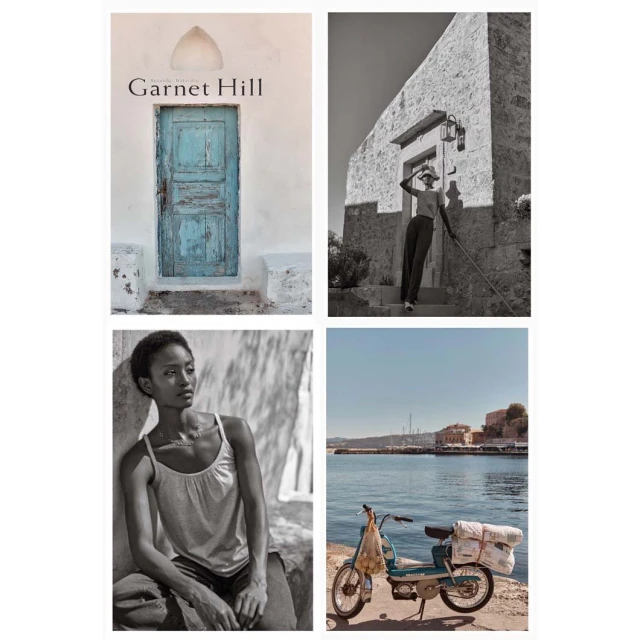 Four images in collage: blue door in white wall, woman in straw hat, woman seated in gray tank top, moped by harbor.