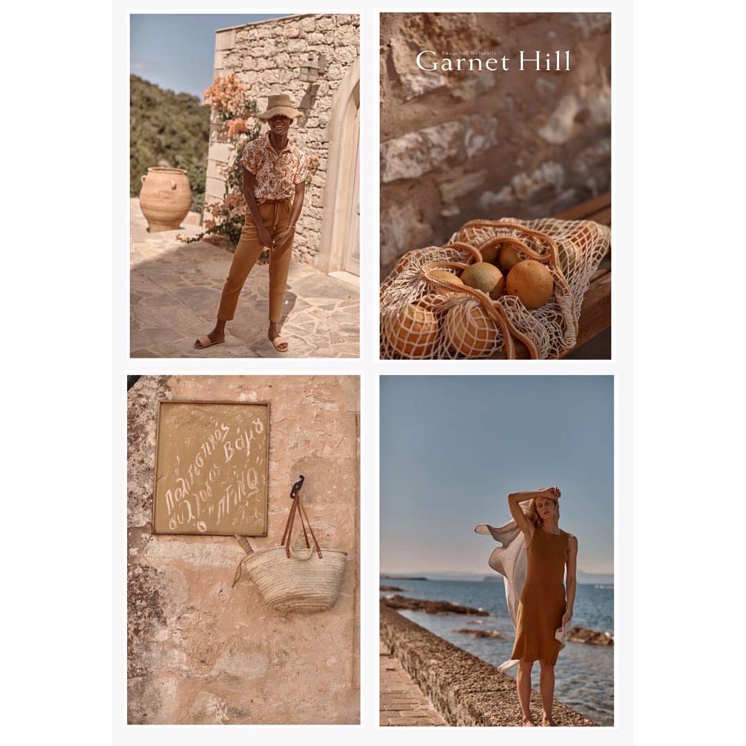 Four-panel layout showcasing outdoor fashion: woman in hat and floral shirt, fruit basket, straw bag by sign, and woman by the sea.