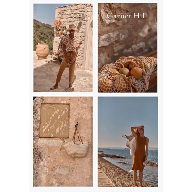 Four-panel layout showcasing outdoor fashion: woman in hat and floral shirt, fruit basket, straw bag by sign, and woman by the sea.
