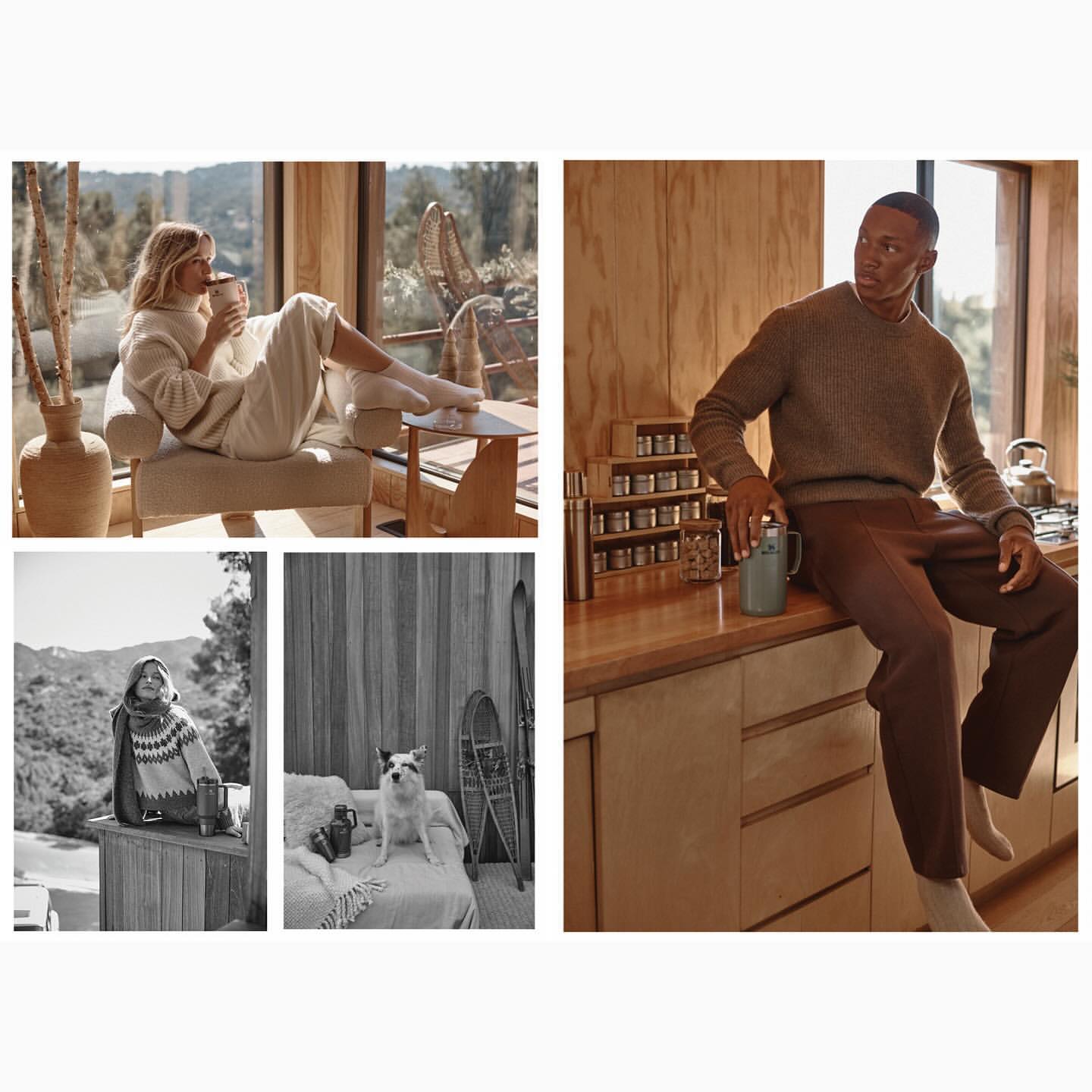 Indoor lifestyle collage featuring an adult woman and an adult man enjoying warm beverages, plus a dog sitting on a blanket.
