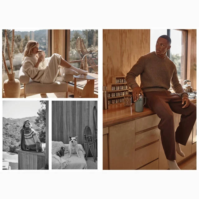 Indoor lifestyle collage featuring an adult woman and an adult man enjoying warm beverages, plus a dog sitting on a blanket.
