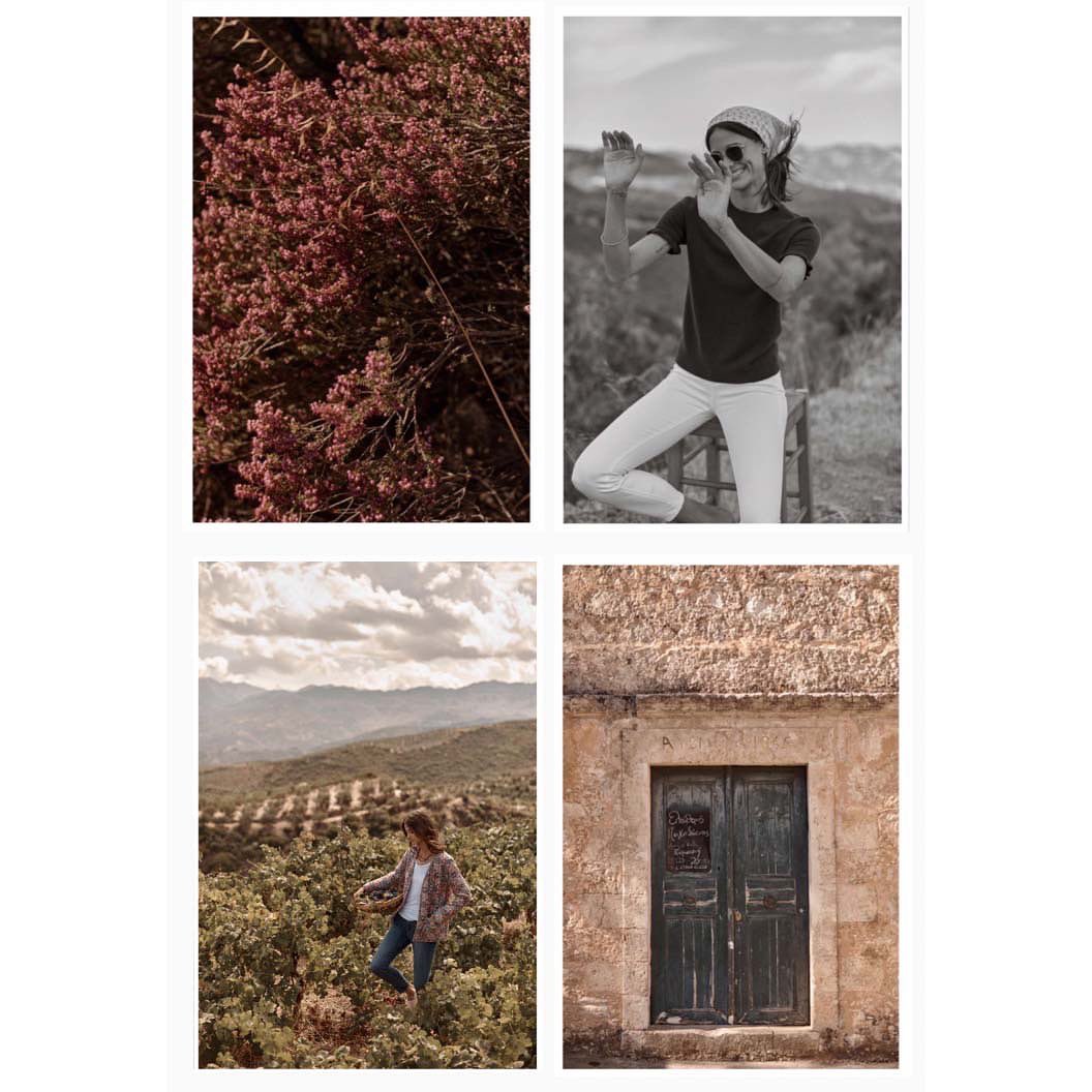 Four-panel collage shows a pink flowering shrub, woman dancing, vineyard landscape, and a rustic stone building facade with a wooden door.