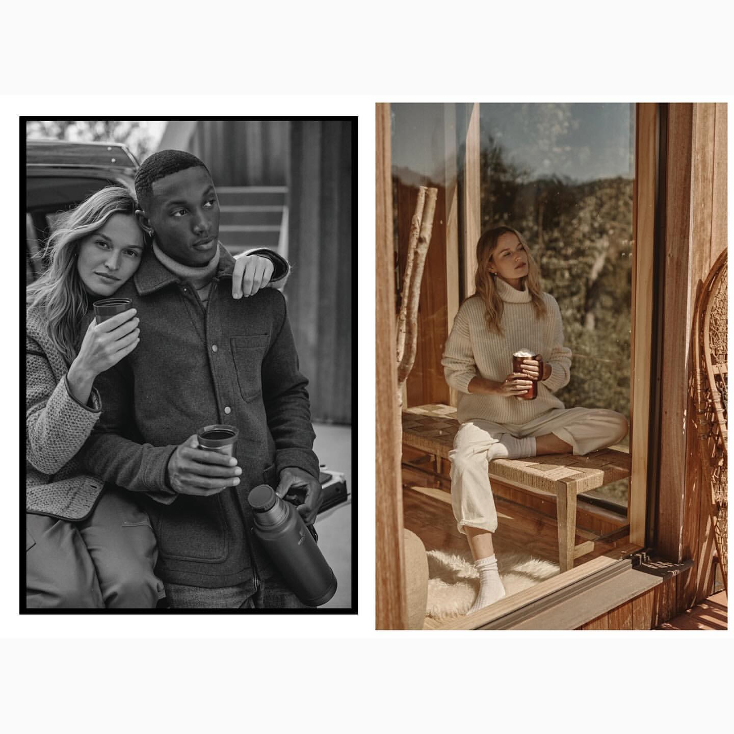 Monochrome shot of a couple outdoors with a thermos and cups; second scene shows a woman indoors by a window holding a cup.