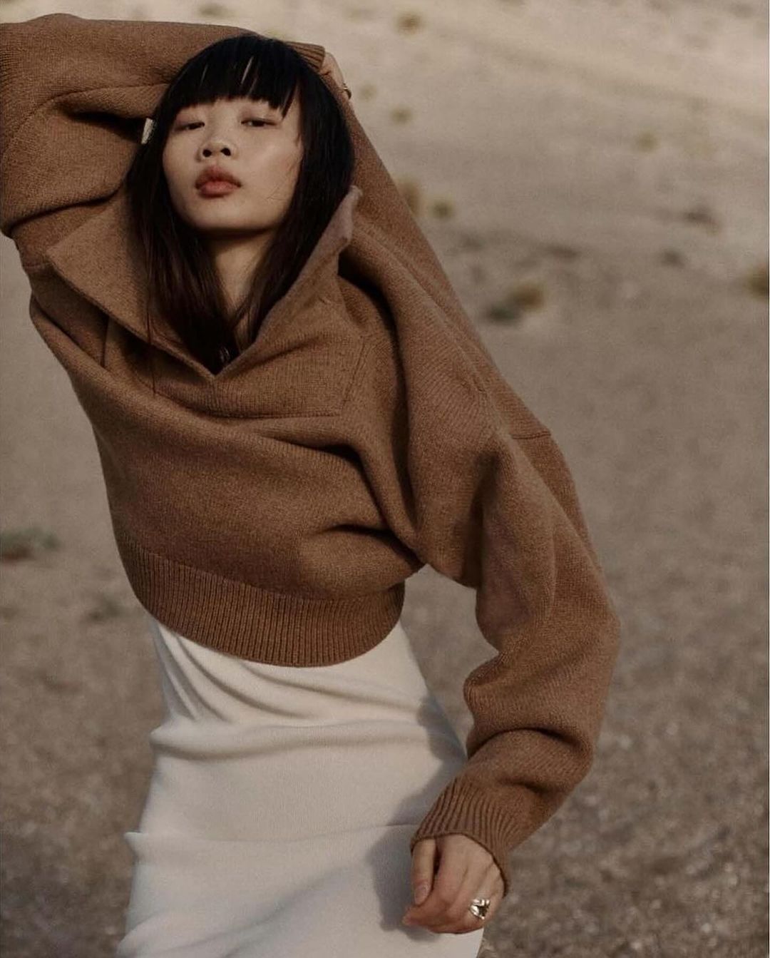 Asian woman posing in a brown sweater and white dress in an outdoor setting. Fashion shot with soft lighting and neutral colors.