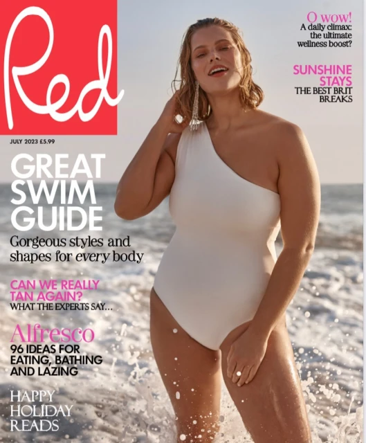 Magazine cover featuring a woman in a white bathing suit standing on a beach with ocean waves. Red magazine July 2023 issue.