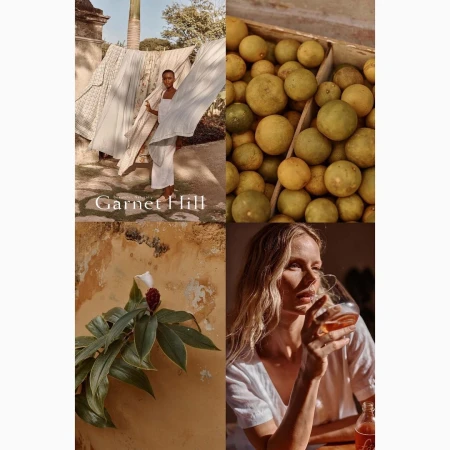Four-panel lifestyle collage featuring fabric hanging outdoors, fresh limes, a plant against a wall, and a woman drinking.