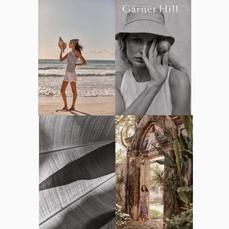 Four-panel editorial mood board featuring beach scenes, close-up portraits, botanical textures, and historic stone architecture.