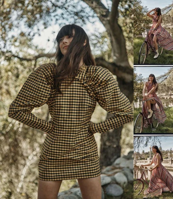 Woman poses in a yellow-and-black gingham mini dress in a sun-dappled outdoor setting with out-of-focus bike riding scene inserts.