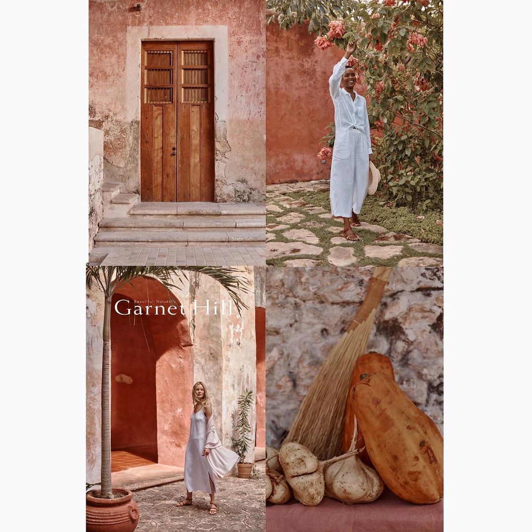 Four-panel collage featuring a door, a woman in white clothing next to flowers, brand text, and produce resting on a table.