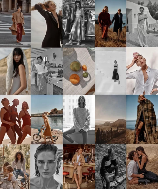 Collage of fashion and lifestyle images featuring diverse models, outdoor and indoor settings, and various clothing styles in color and black and white.