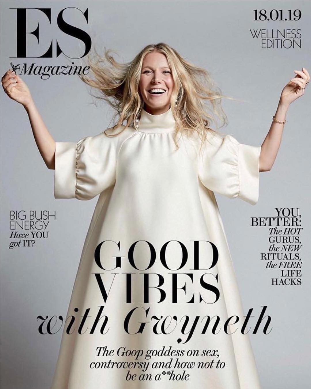 Magazine cover featuring Gwyneth Paltrow with blonde hair and a big smile, wearing a cream dress, with text overlay and editorial design.