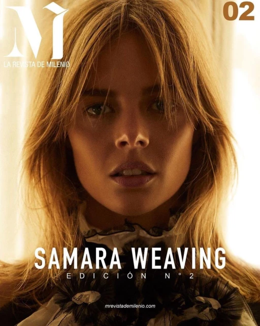 Samara Weaving is featured on the cover of La Revista de Milenio, Edition N° 2, looking at the camera with an neutral expression.