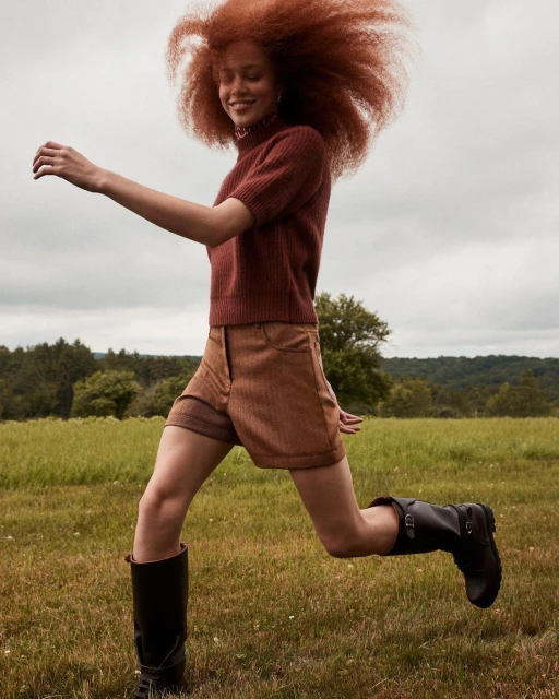 A woman with red hair runs through a grassy field wearing a brown sweater, brown shorts and black boots with cloudy sky overhead.