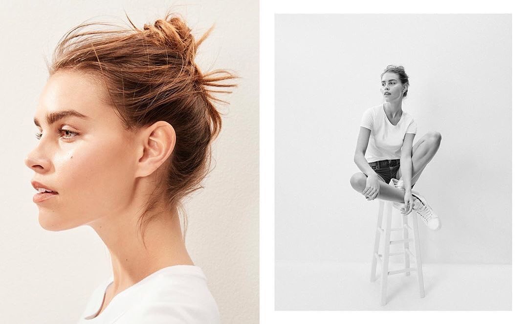 Split-screen portrait: woman in profile with messy updo contrasted with a seated black-and-white full shot on a stool.