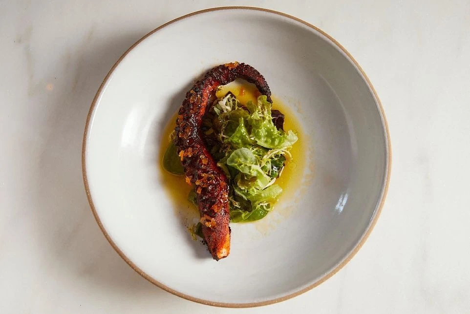 Grilled octopus tentacle on a bed of fresh greens and olive oil inside a white ceramic bowl on a marble surface.