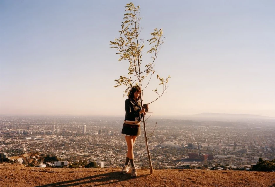 An adult woman stands next to a sapling on a hilltop overlooking a vast cityscape on a sunny day with a clear blue sky.