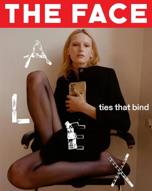Magazine cover featuring a seated young adult fashion model with a black blazer, black tights and blond hair holding a book.