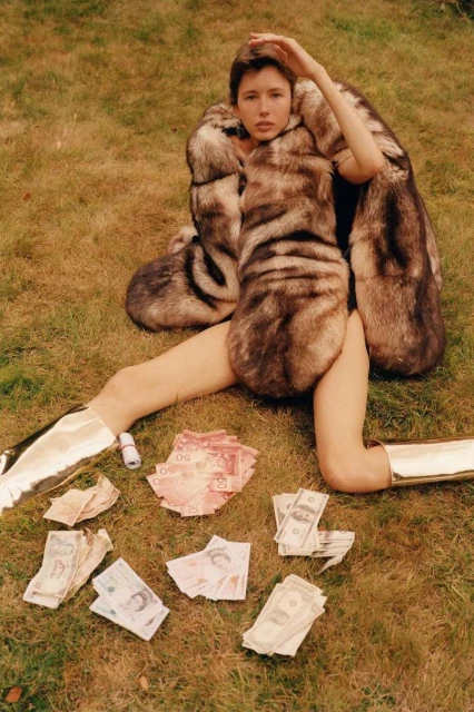 An adult woman in a fur coat and gold boots sits on the grass with scattered international paper money, creating a luxurious, playful scene.