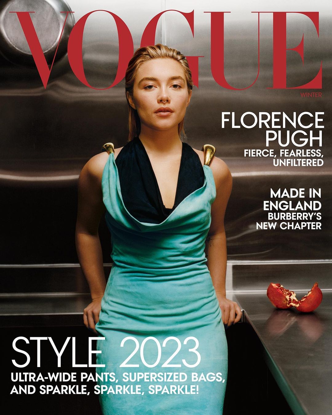 Vogue magazine cover featuring Florence Pugh in a teal dress, photographed indoors with bold typography and bright, eye-catching design elements.