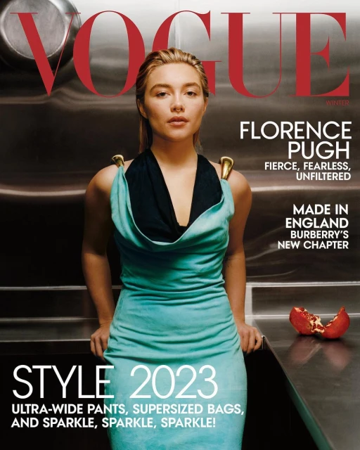 Vogue magazine cover featuring Florence Pugh in a teal dress, photographed indoors with bold typography and bright, eye-catching design elements.