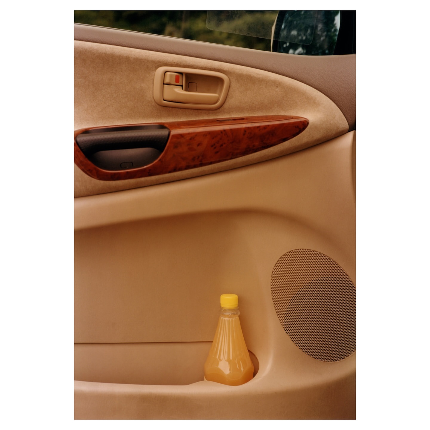 A close-up view of an open car door with a bottle of liquid in the door pocket, capturing the details of the vehicle's interior.