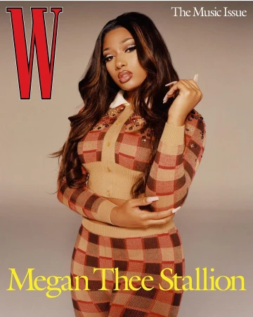 Magazine cover featuring Megan Thee Stallion wearing a brown and tan checkered knit outfit, posing in a studio with neutral background.