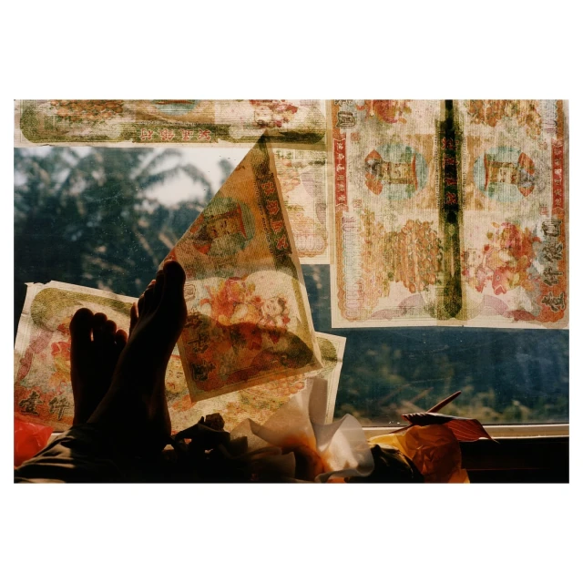 Feet rest by a sunlit window with patterned translucent paper, creating a warm and reflective indoor scene with a hint of nature outside.