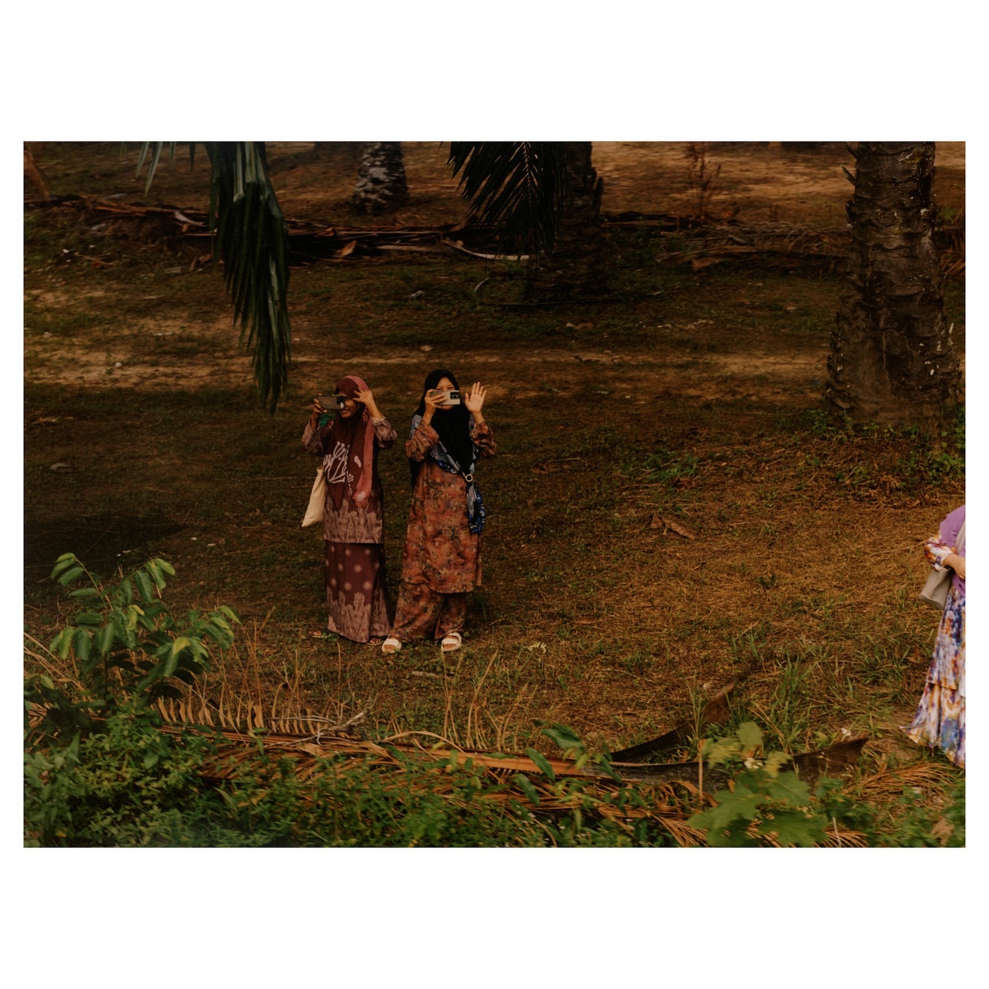 Two women in traditional dress take photos in a wooded area with tall trees, wearing hijabs and patterned clothing, and holding phones.