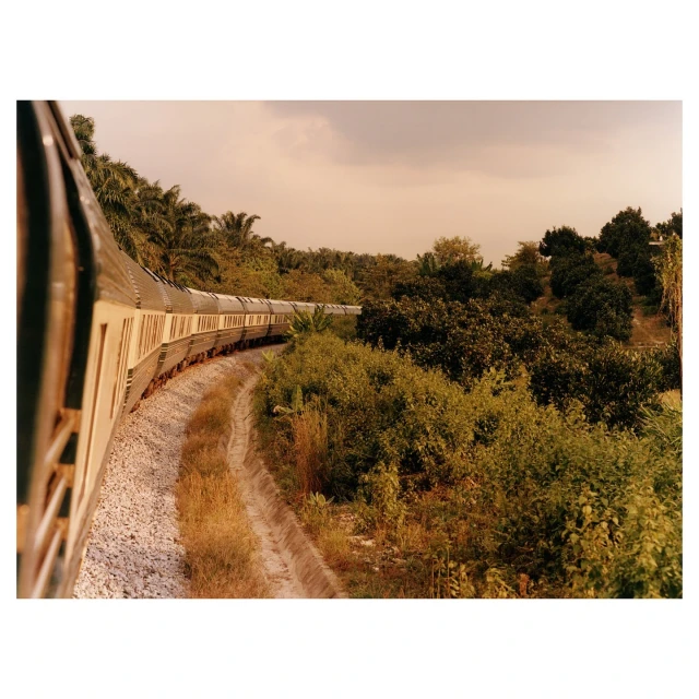 Train travels through green landscape under cloudy sky, capturing scenic travel and nature elements in a wide shot.