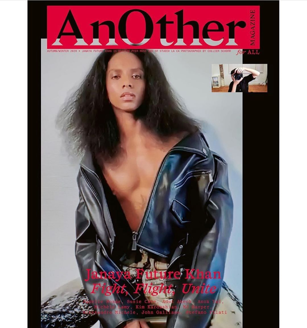Magazine cover featuring a model wearing a black leather jacket and long dark hair looking directly at the camera with a serious expression.