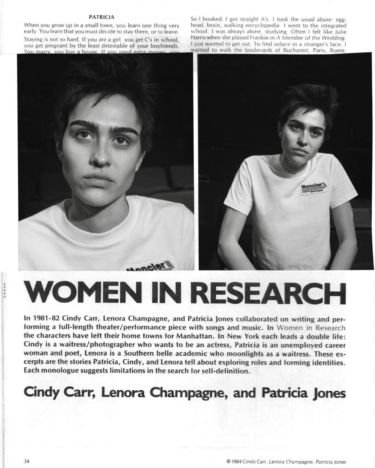 Black and white portrait of a young woman in a white t-shirt, split with a second similar image. Image is accompanied by text.