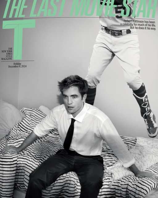 Magazine cover featuring Robert Pattinson sitting on a bed with a baseball player superimposed behind him in black and white tones.