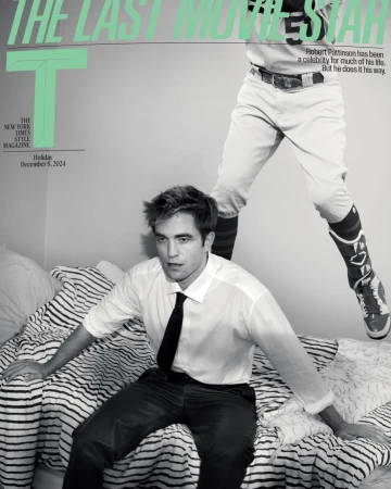 Magazine cover featuring Robert Pattinson sitting on a bed with a baseball player superimposed behind him in black and white tones.