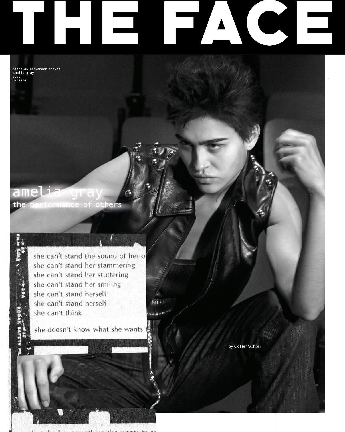 Black and white portrait of a woman in a leather vest, next to collaged text and photo elements, with magazine masthead.