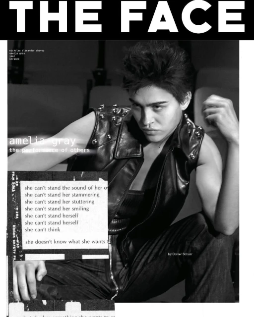 Black and white portrait of a woman in a leather vest, next to collaged text and photo elements, with magazine masthead.