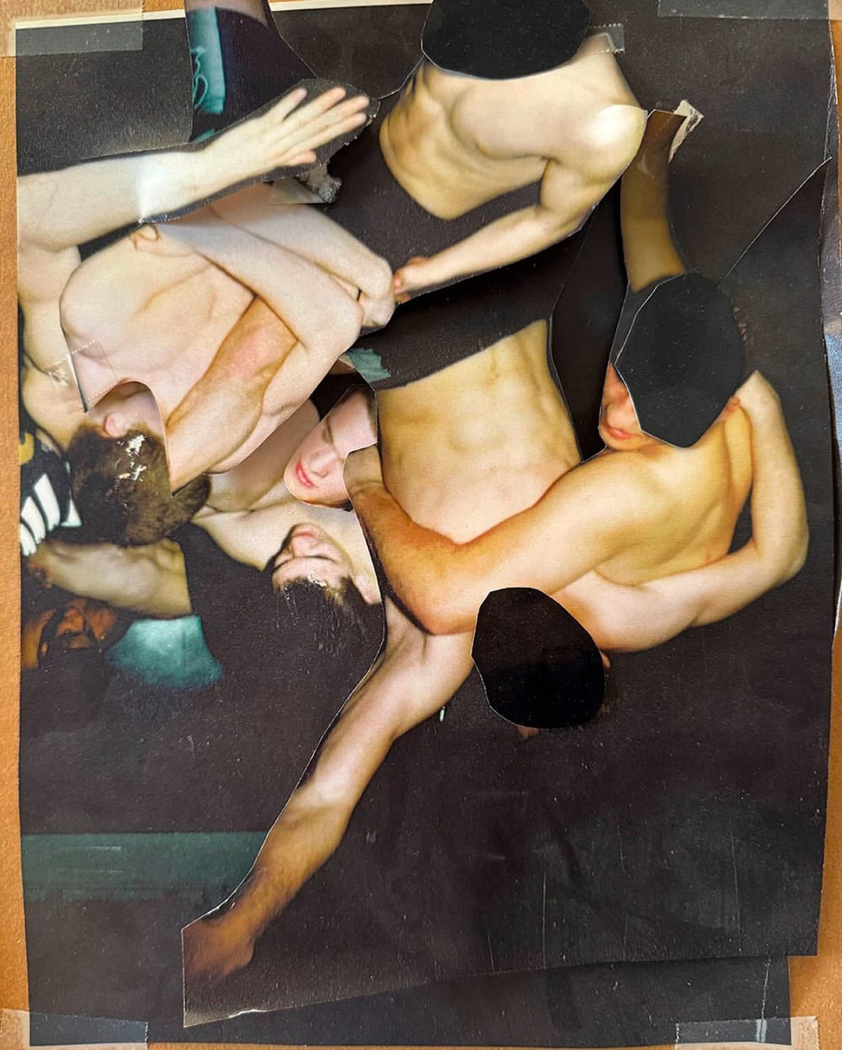 Montage of nude and partially nude male figures in a collage with dark background, showcasing a mix of textures and creative arrangements.