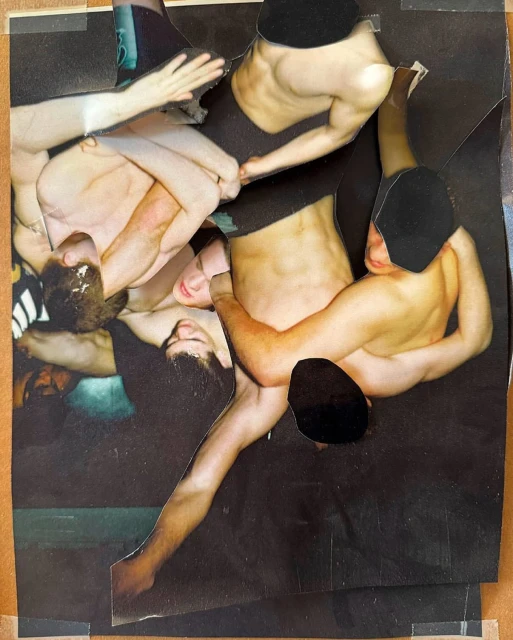 Montage of nude and partially nude male figures in a collage with dark background, showcasing a mix of textures and creative arrangements.