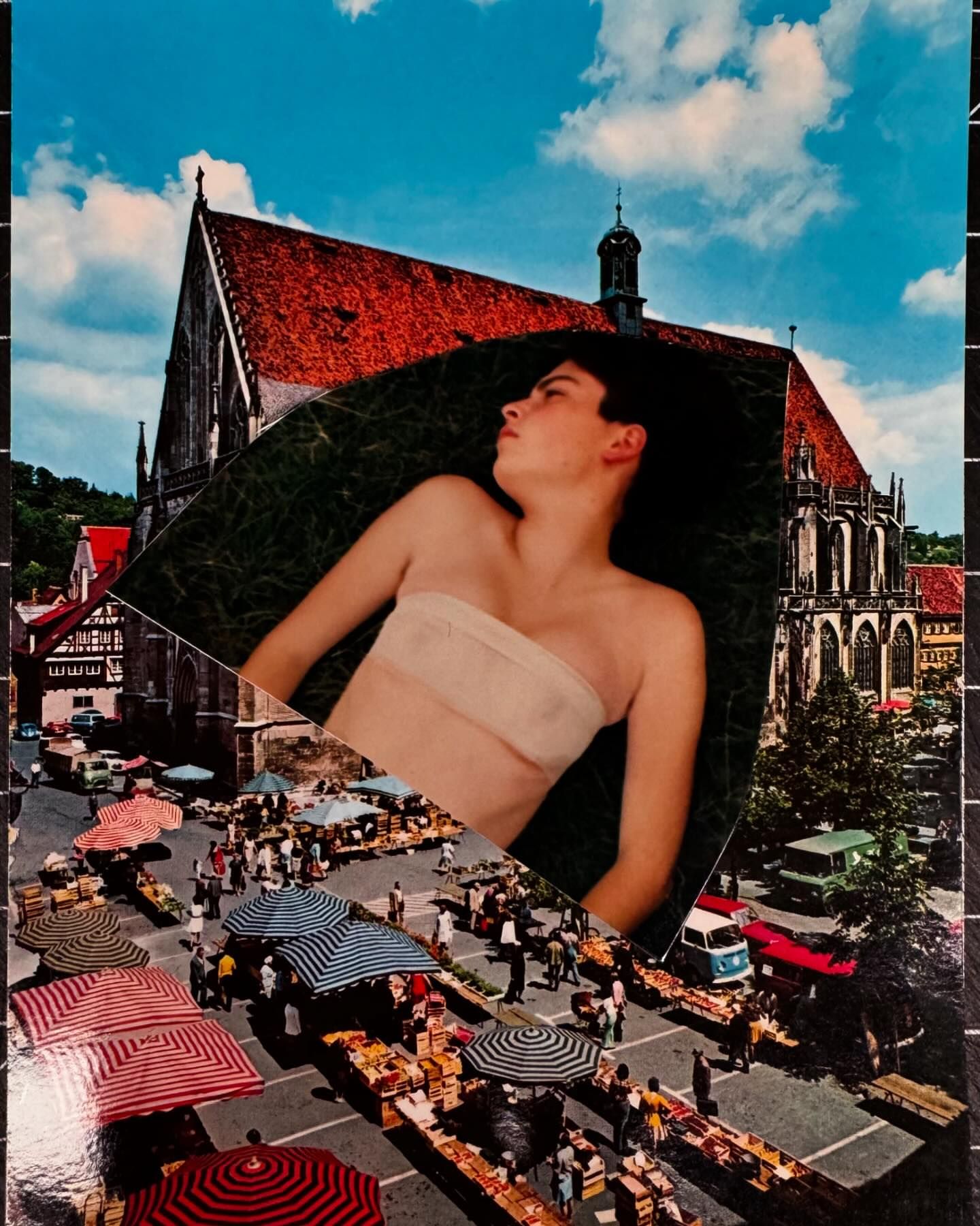 Art collage featuring a woman lying on grass near a church, juxtaposed with a bustling street market scene, creating a surreal composition.