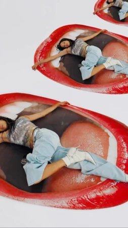 Woman lying inside a giant inflatable red mouth against a white background, captured by Conor Cunningham