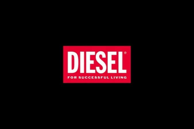 Diesel brand logo against a black background, featuring a bold, white sans-serif font within a bright red rectangle.