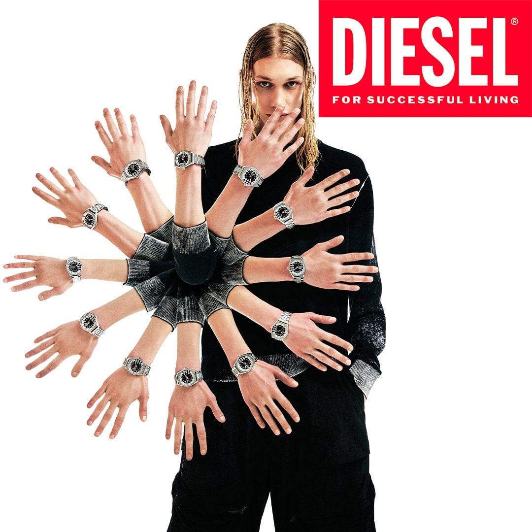 Fashion shot featuring a slender adult male wearing a Diesel watch and multiple arms also showcasing the watch against a white backdrop.