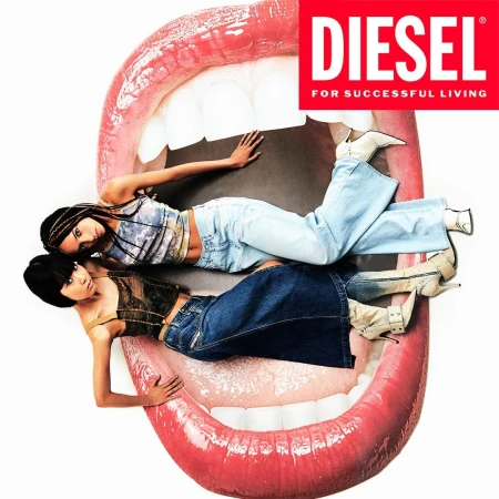 Two models posing inside a giant open mouth graphic against a white background with a Diesel logo