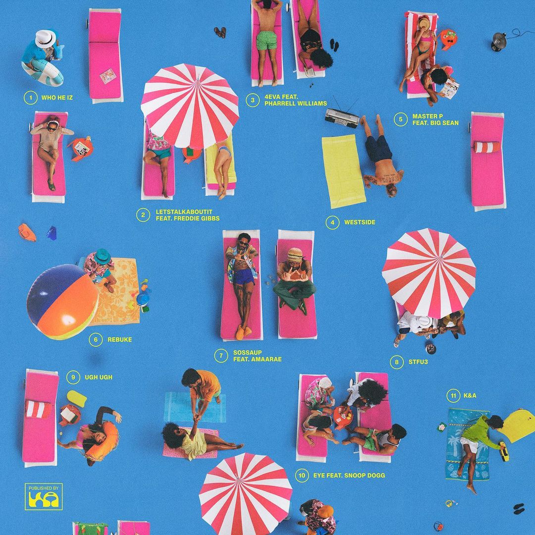 Aerial view of a diverse group of people relaxing on beach chairs and towels under umbrellas on a blue background representing the sea.