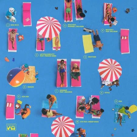 Aerial view of a diverse group of people relaxing on beach chairs and towels under umbrellas on a blue background representing the sea.