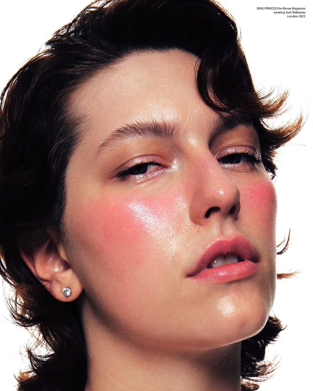 Close-up studio portrait of a young adult woman with short dark hair, fair skin, and pink blush wearing a small stud earring.