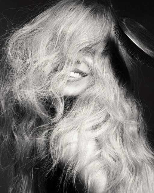 Black and white portrait of a smiling adult female with long, wavy hair partially covering her face, and a hairbrush above.