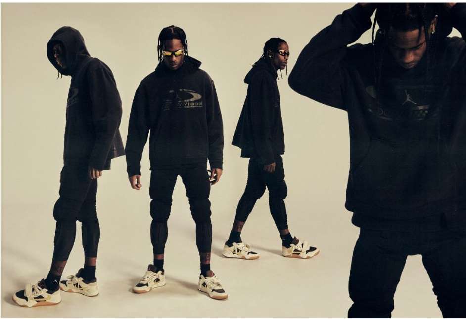 Multiple exposures of a man wearing a black hoodie, black pants, and light-colored sneakers against a plain light background