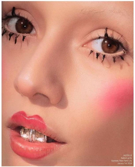 Close-up of a young woman's face with creative black eyelash makeup, exaggerated pink blush, and metallic grill on her lower teeth.